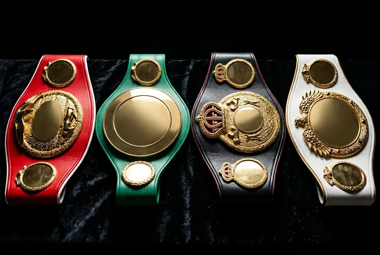 Vier verschiedenfarbige Boxgürtel als Symbol für WBA WBC IBF und WBO