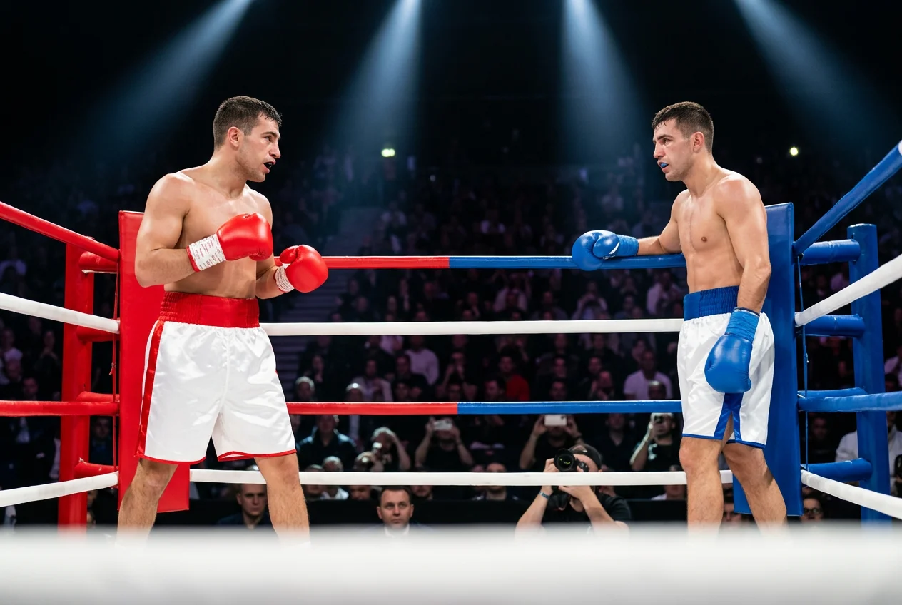 Zwei Boxer in einem hell beleuchteten Ring im Moment vor dem Glockenschlag