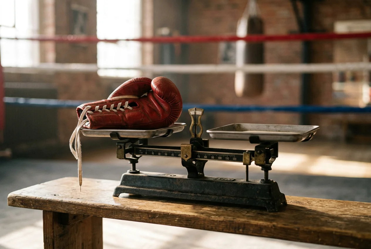 Boxwaage mit Gewichtsangaben und Boxhandschuhen als Symbol für die Gewichtsklassen