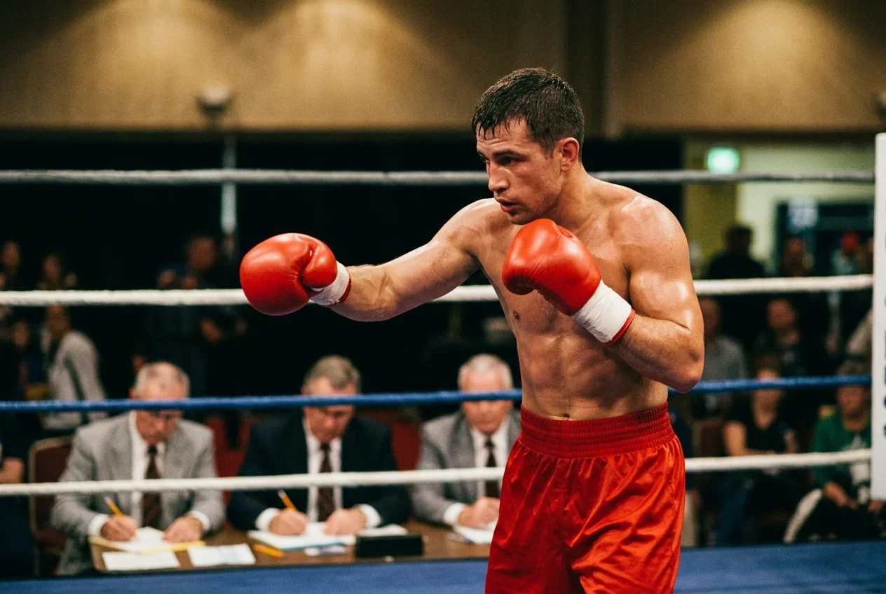 Boxer in roten Handschuhen in Auslagestellung im Ring mit Punktrichtern im Hintergrund