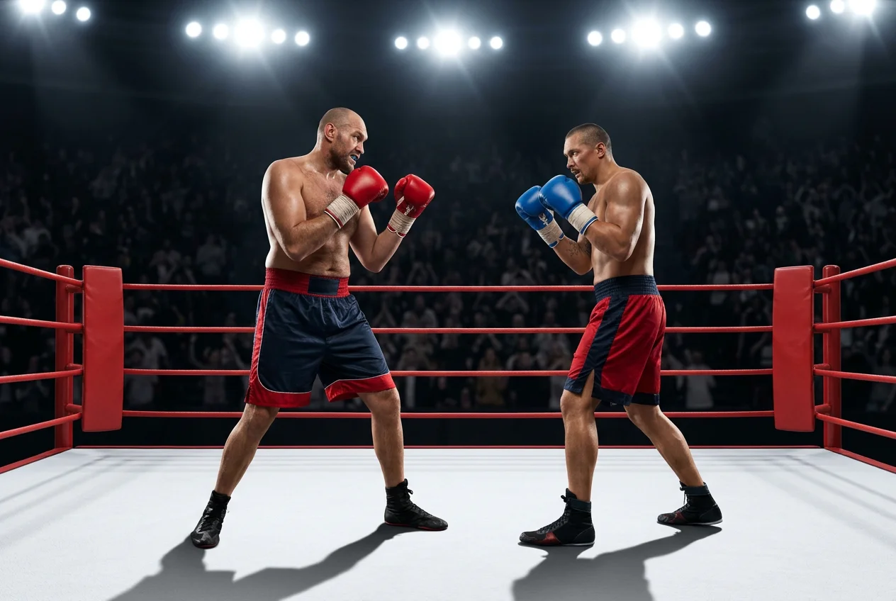 Zwei Schwergewichtsboxer in Kampfpose vor leuchtender Arena als Symbol für Titelkampf-Analyse