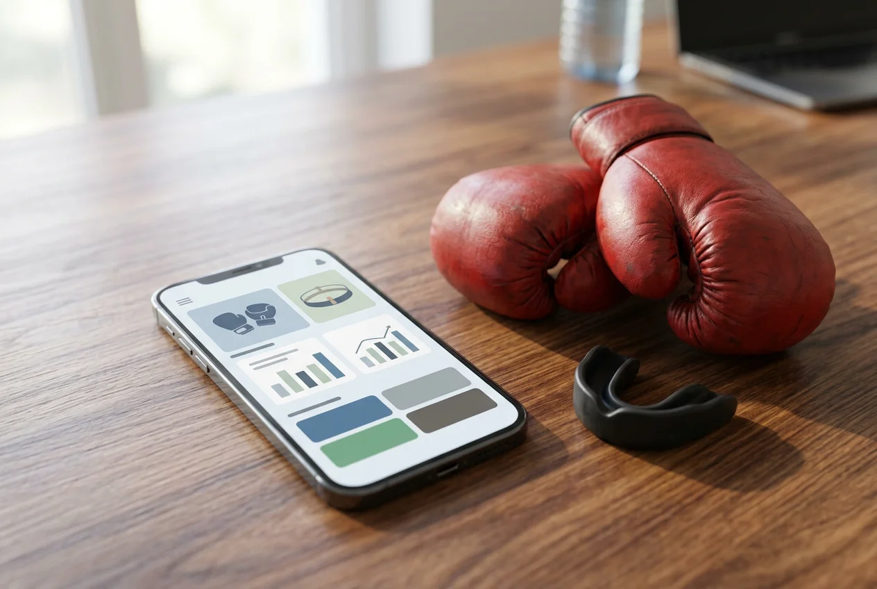Smartphone-Bildschirm mit geöffneter Wettquoten-Liste für einen Boxkampf, daneben Boxhandschuhe auf dem Schreibtisch