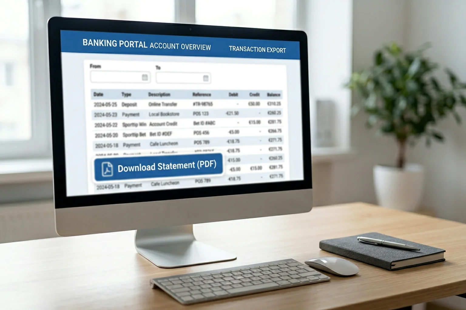 Bildschirm mit Sporttip-Kontoauszug und PDF-Export-Funktion